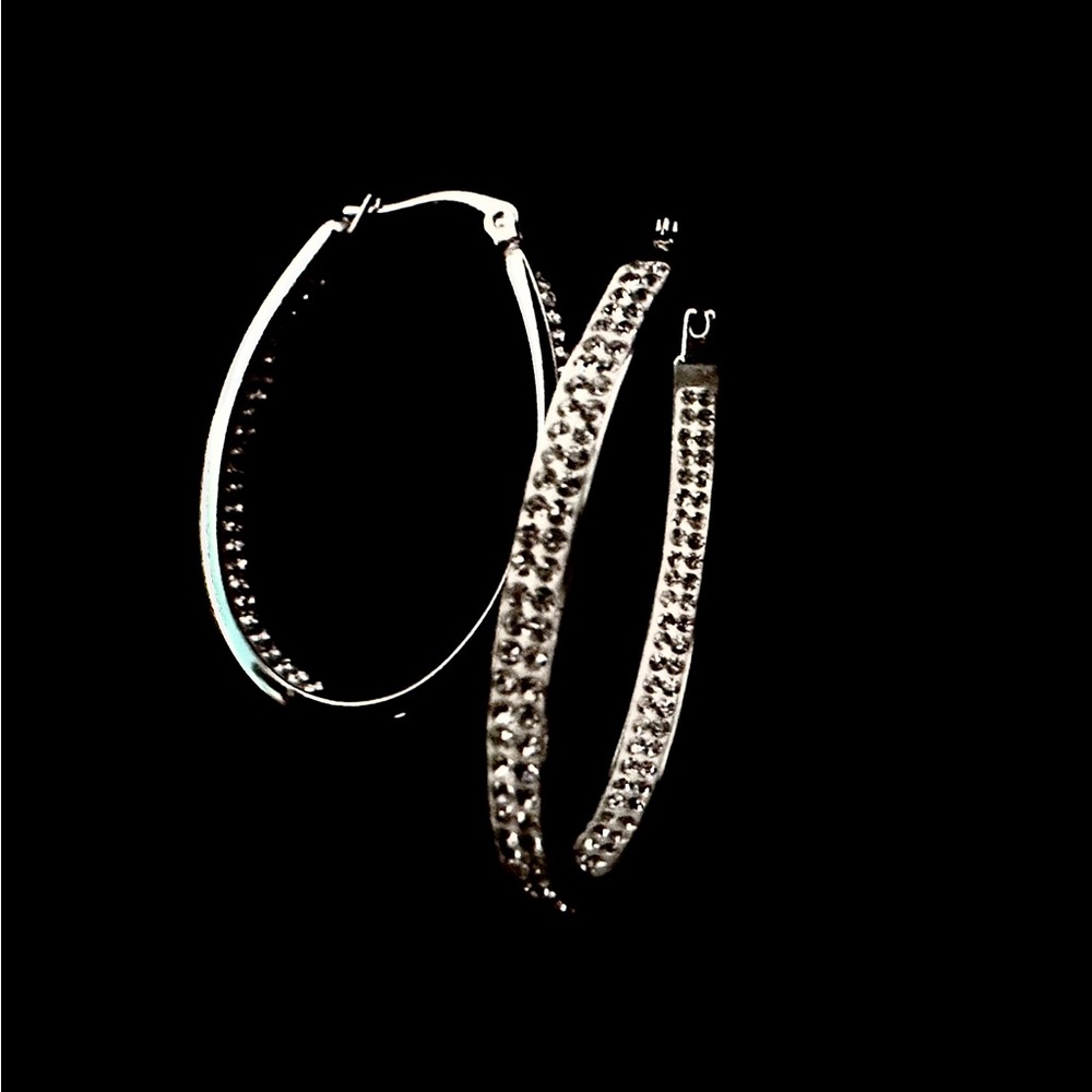 DSMK stainless steal crystal/diamond/white topaz oblong hoop earrings